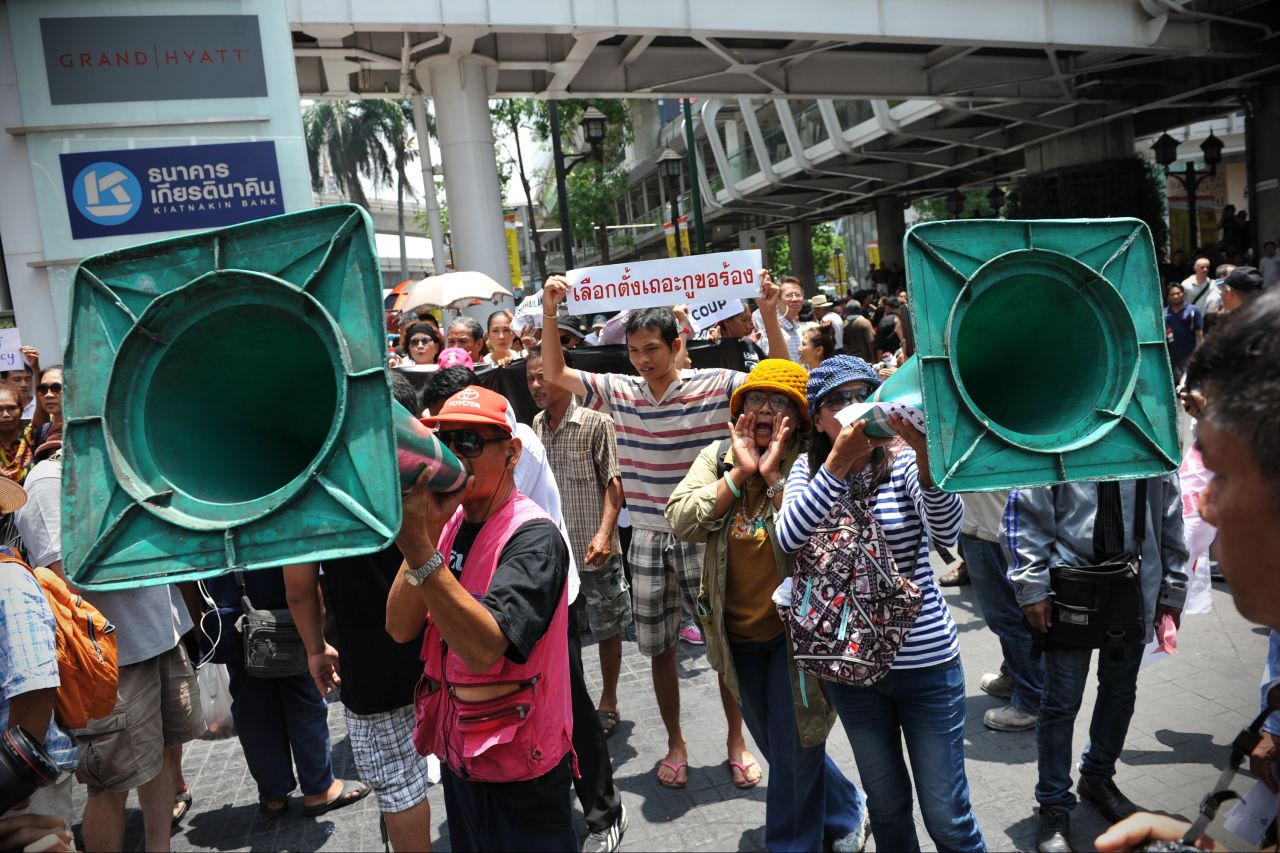 Protesters chant slogans during an anti-coup rally May 25 in Bangkok.