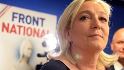 French far-right Front National (FN) party president Marine Le Pen reacts at the party's headquarters in Nanterre, outside Paris, on May 25, 2014. France suffered a political earthquake on May 25, 2014 as the far-right National Front topped the polls in European elections with an unprecedented haul of one in every four votes cast, exit polls indicated. AFP PHOTO / PIERRE ANDRIEU (Photo credit should read PIERRE ANDRIEU/AFP/Getty Images)