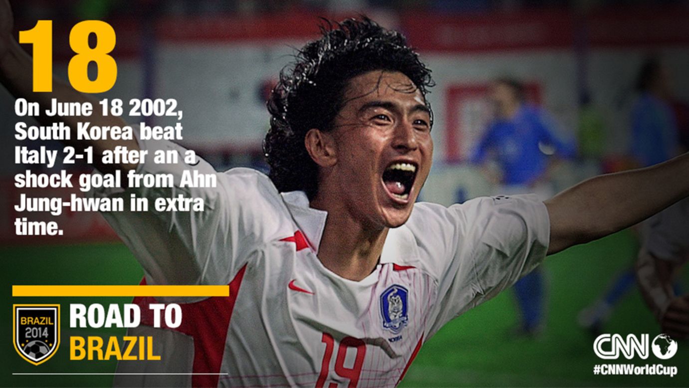 The 2002 World Cup saw South Korea and Japan co-host the competition. South Korea's Ahn Jung-Hwan, pictured, scored the deciding goal in the country's Round of 16 clash against Italy on June 18, 2002. The "Taeguk Warriors" went on to reach the final four making them the most successful Asian side in World Cup history. 
