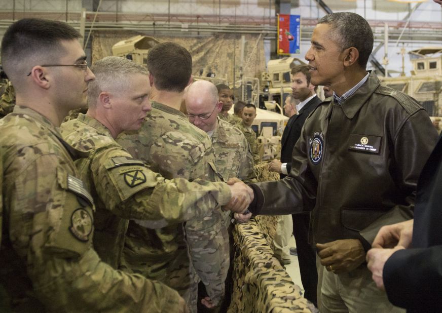 Obama greets U.S. troops during his visit to Bagram Air Field.