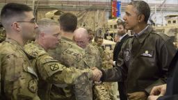 Obama greets US troops during his visit to Bagram Air Field.
