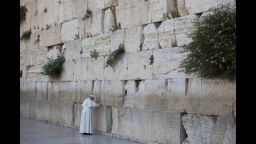Pope Francis prays in front of the Western Wall in Jerusalem's Old City on Monday, May 26.