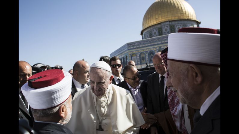 Francis meets Muhammad Ahmad Hussein, the grand mufti of Jerusalem, outside the Dome of the Rock on May 26.