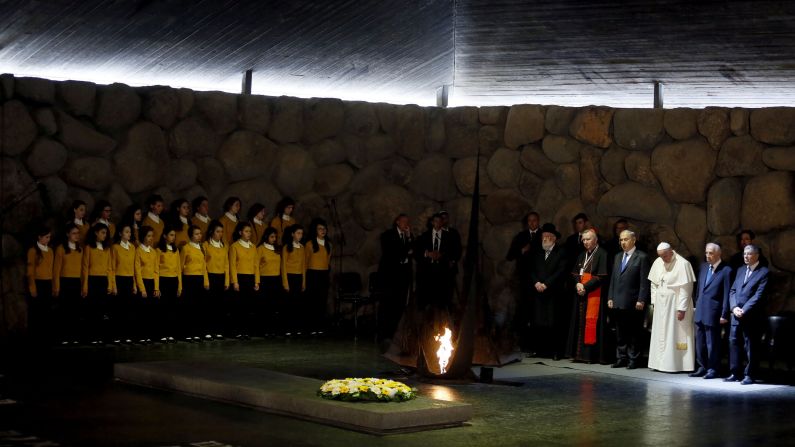 Francis visits the Hall of Remembrance at the Yad Vashem museum on May 26. Here the Pope stands with Israeli President Shimon Peres, second from right, and Israeli Prime Minister Benjamin Netanyahu, fourth from right.