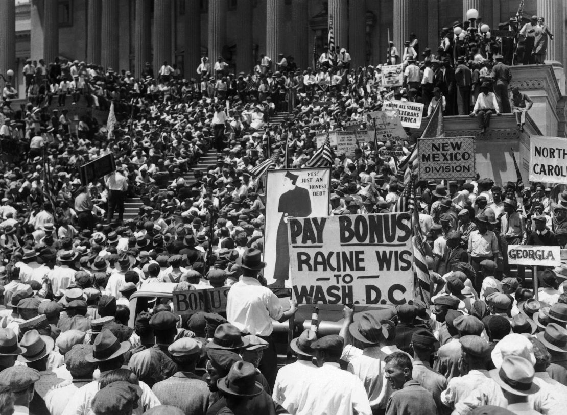In 1932, 10,000 WWI veterans, many unemployed, protest over pay.