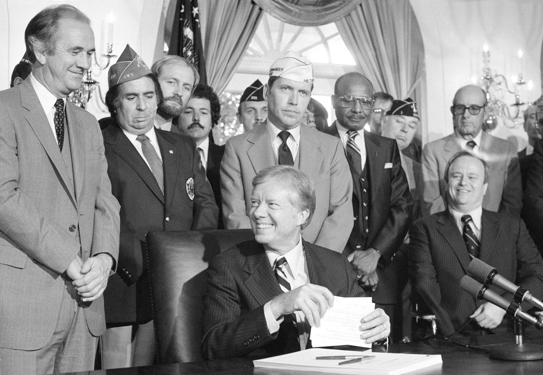 President Jimmy Carter after signing the 1980 Veterans Rehabilitation and Education Amendment, which increased job training and educational benefits for vets.
