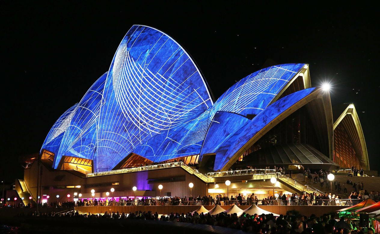 New South Wales Premier Mike Baird hit the light switch for the lighting of the sails. More than 200 events showcasing design, digital media and music are part of the festival, which provided a $20 million boost to the New South Wales economy, according to festival organizers.