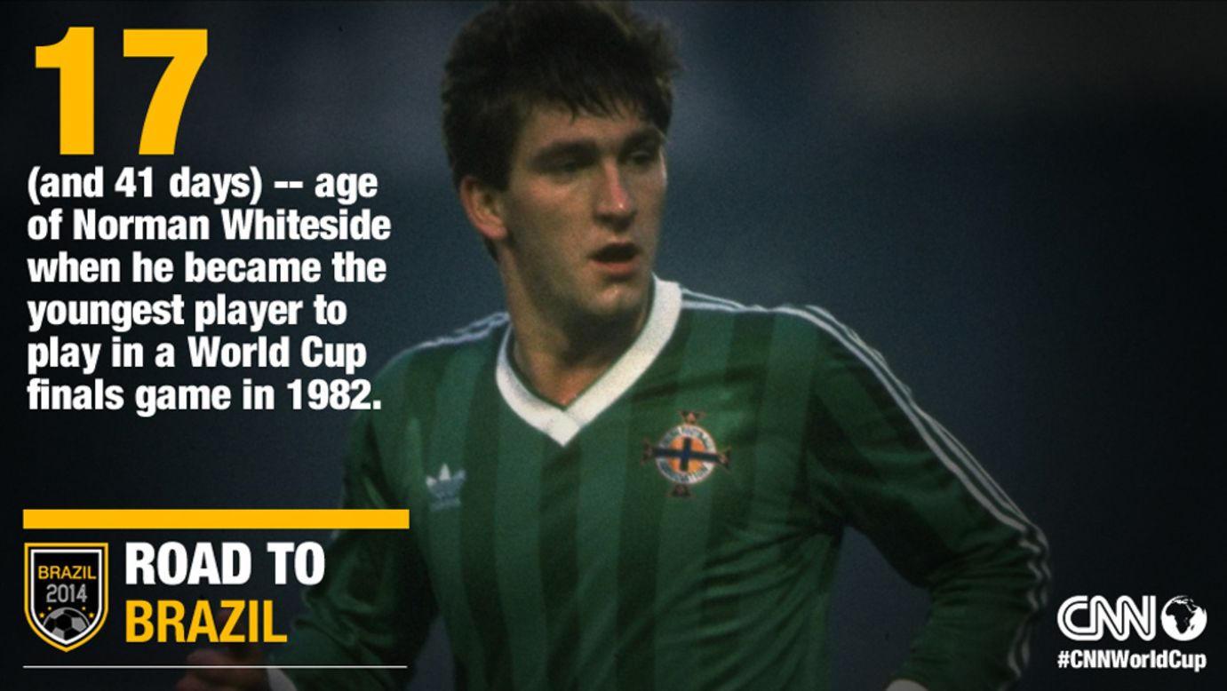 Norman Whiteside, pictured, became the youngest player to participate in a World Cup when he debuted for Northern Ireland in 1982 aged 17 years and 42 days. The record has previously been held by Brazil's Pele. 