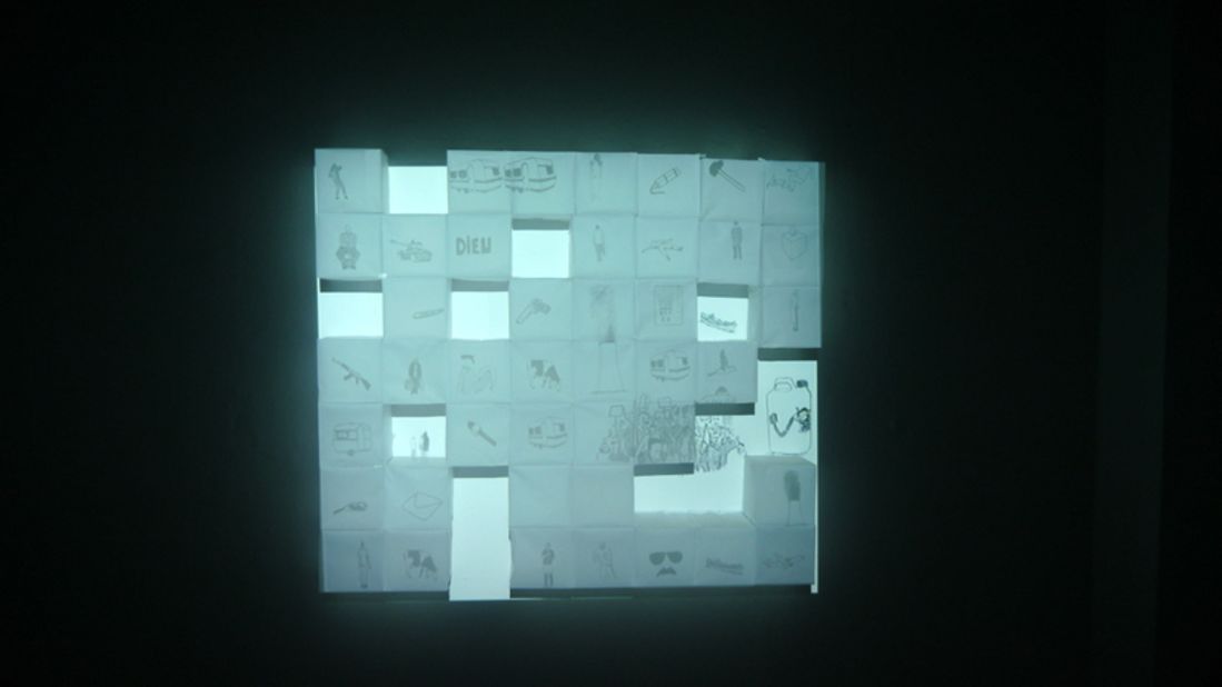 "Remembrance of Emptiness," 2014 -- Animations screened on paper cubes made of paper press by Massinissa Selmani (Algeria).