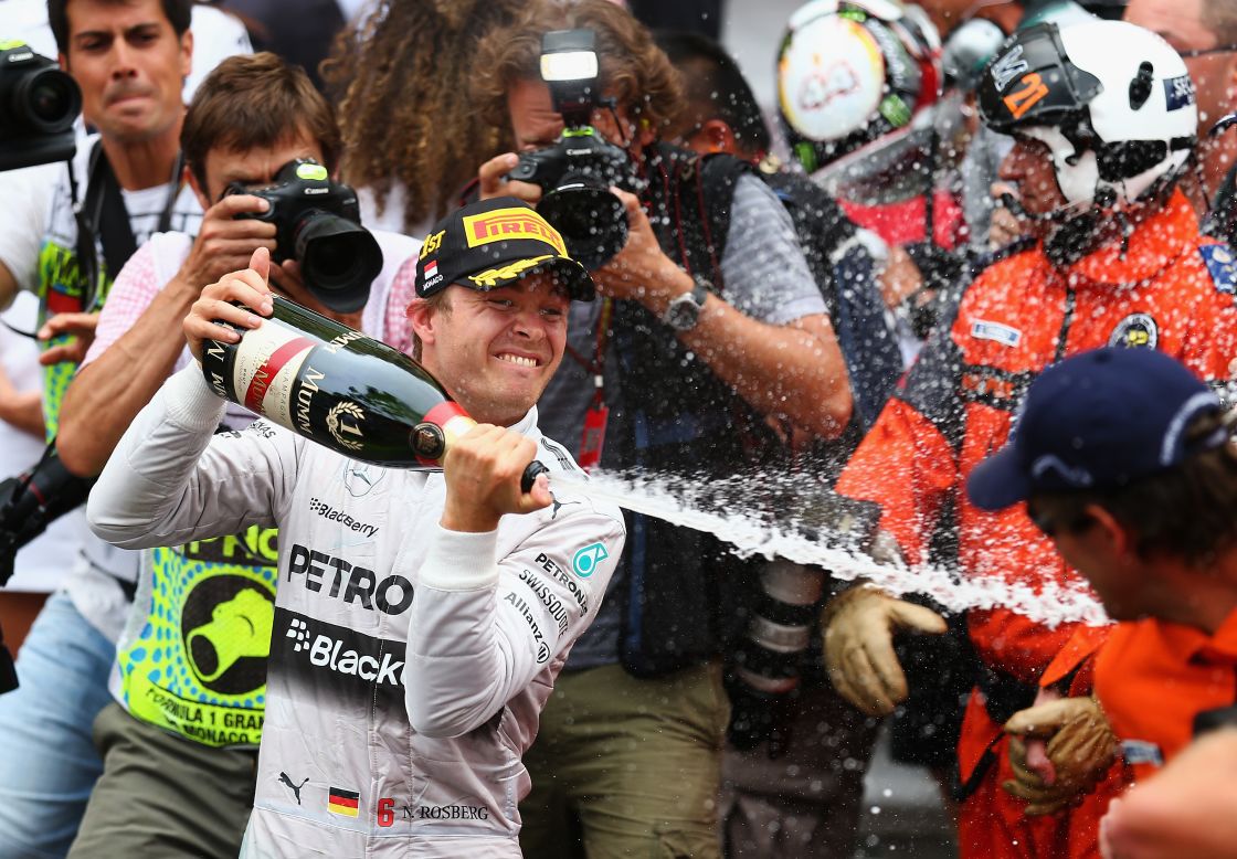 Mercedes driver Nico Rosberg celebrates victory at Sunday's Monaco Grand Prix the only way Formula One drivers know how, with lots and lots of champagne.
