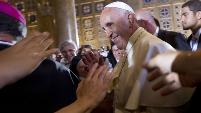 Pope Francis arrives to meet prelates, nuns and seminarists at the Church of Gethsemane in Jerusalem on May 26.