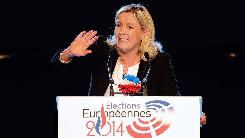 French far-right Front National (FN) party president Marine Le Pen delivers a speech during a campaign meeting in Lens, northern France, on May 17, 2014 ahead of the May 25 European elections in France. 