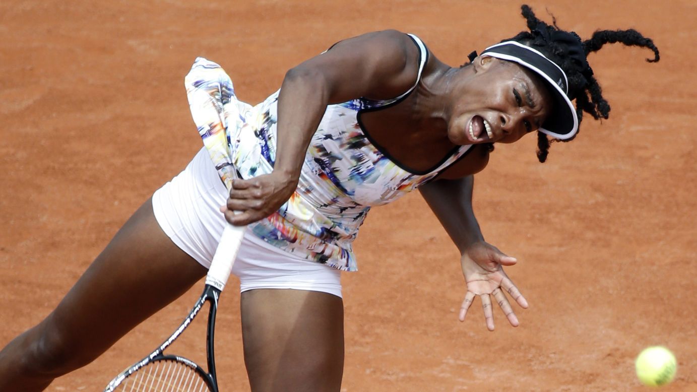 Venus Williams serves to Belinda Bencic in the first round of the French Open on Sunday, May 25. Williams won the match 6-4, 6-1.