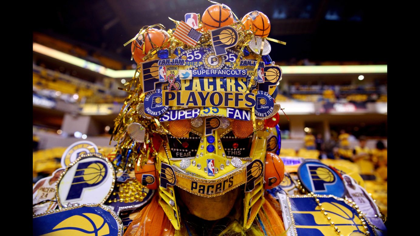 An Indiana Pacers fan is seen prior to Game 2 of the NBA's Eastern Conference finals on Tuesday, May 20.