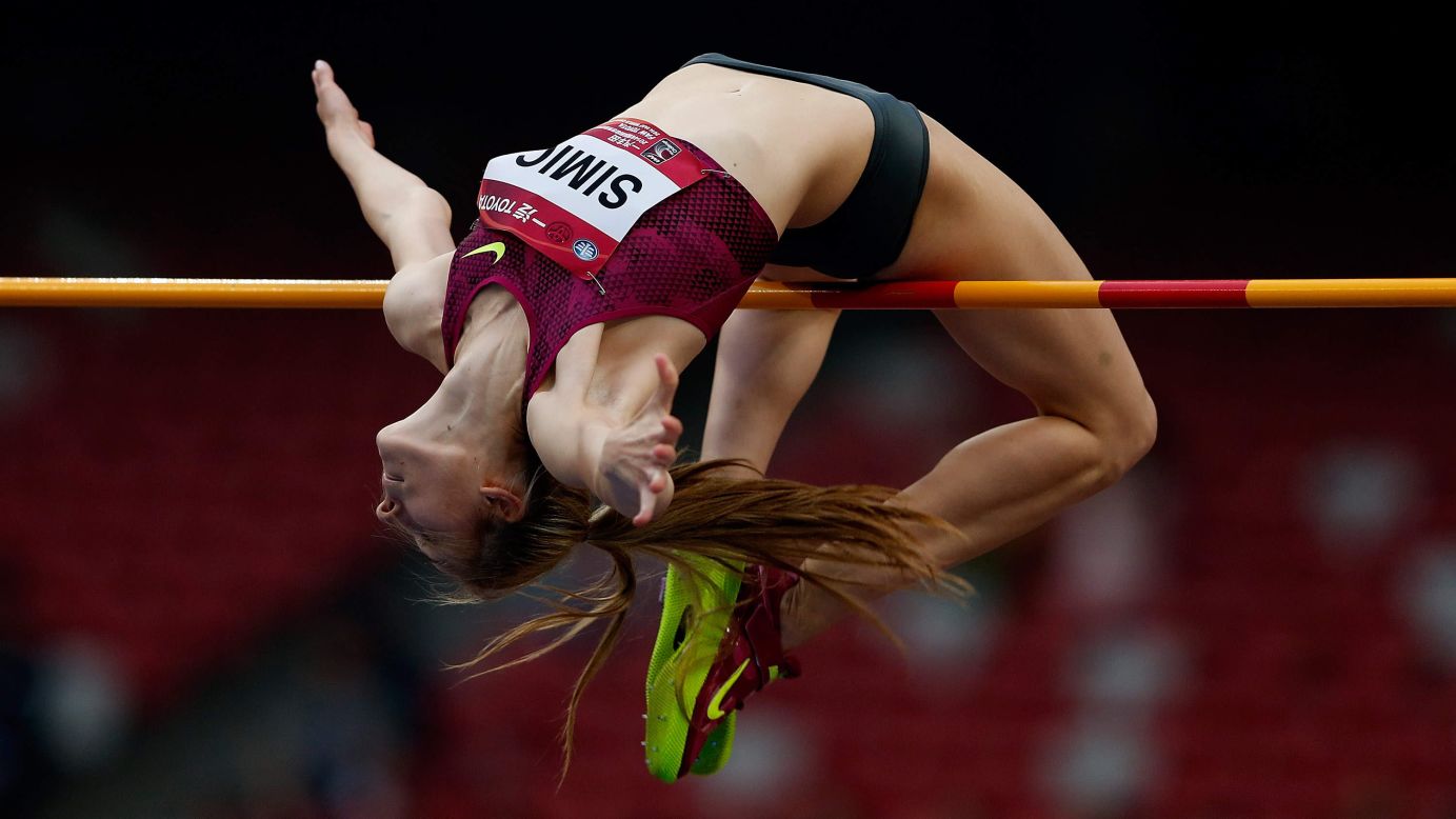 Ana Simic of Croatia stretches over the high-jump bar during the IAAF World Challenge event in Beijing on Wednesday, May 21. Simic won with a jump of 1.98 meters (nearly 6.5 feet).