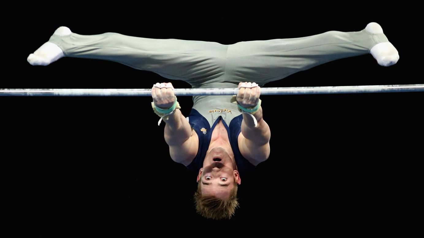 Sean O'Hara competes on the high bar Sunday, May 25, during the Australian Gymnastics Championships in Melbourne.
