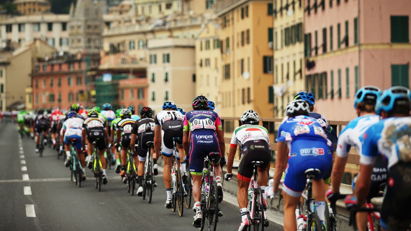 The peloton is seen in action Wednesday, May 21, during the 11th stage of the Giro d'Italia cycling race. Australian Michael Rogers won the stage, which spanned 249 kilometers (154.7 miles) between Collecchio and Savona in Italy. 