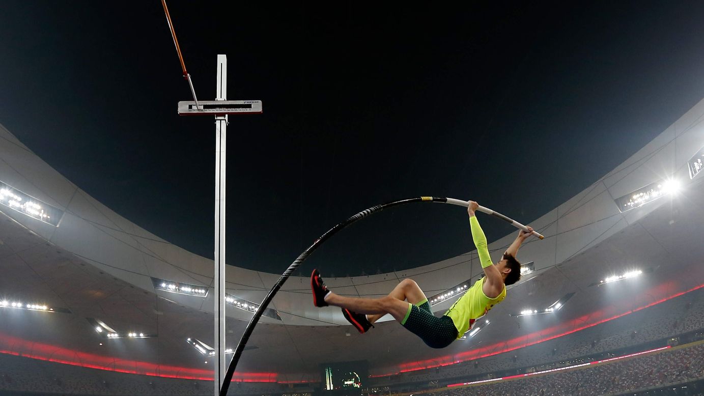 Xue Changrui of China competes in the pole vault at the IAAF World Challenge event in Beijing on Wednesday, May 21. He won with a mark of 5.8 meters (19.03 feet).