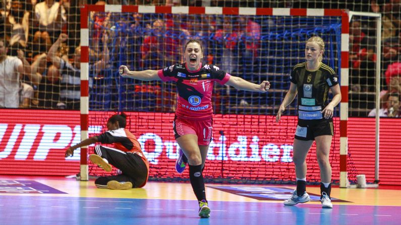 Handball player Marta Lopez Herrero celebrates after a play during the French Cup final on Saturday, May 24, in Paris. Her team, Fleury Loiret, defeated Issy Paris 20-18.