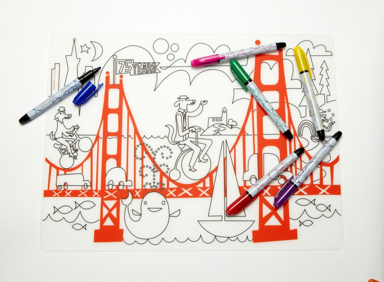 This Modern-twist mark-mat is a washable doodling mat great for keeping kids occupied during long journeys.