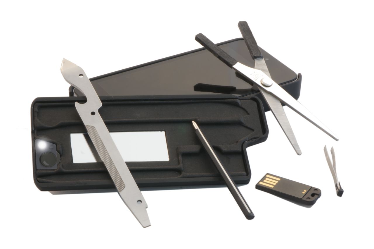 The myTask URBAN iPhone case and toolkit is a TSA compliant case that not only protects your cellphone, but features a slide-out drawer outfitted with tools including mirror, screwdriver, mini LED light and scissors.