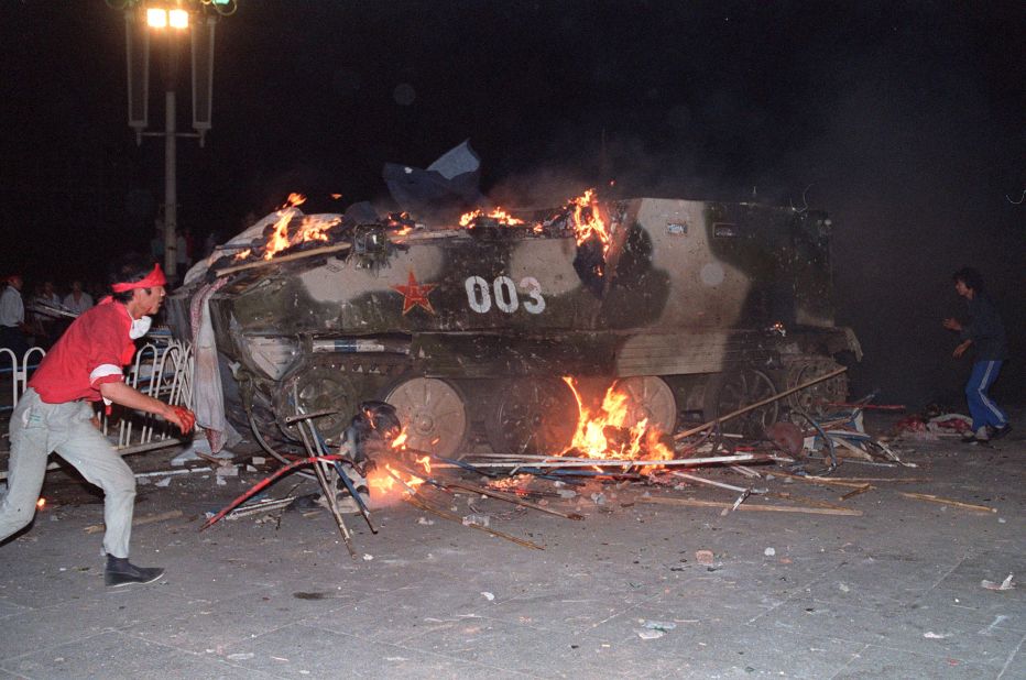 June 4, 1989, students set fire to tanks. An official death toll has not been released but witnesses and human rights groups say hundreds were killed in the clash. 