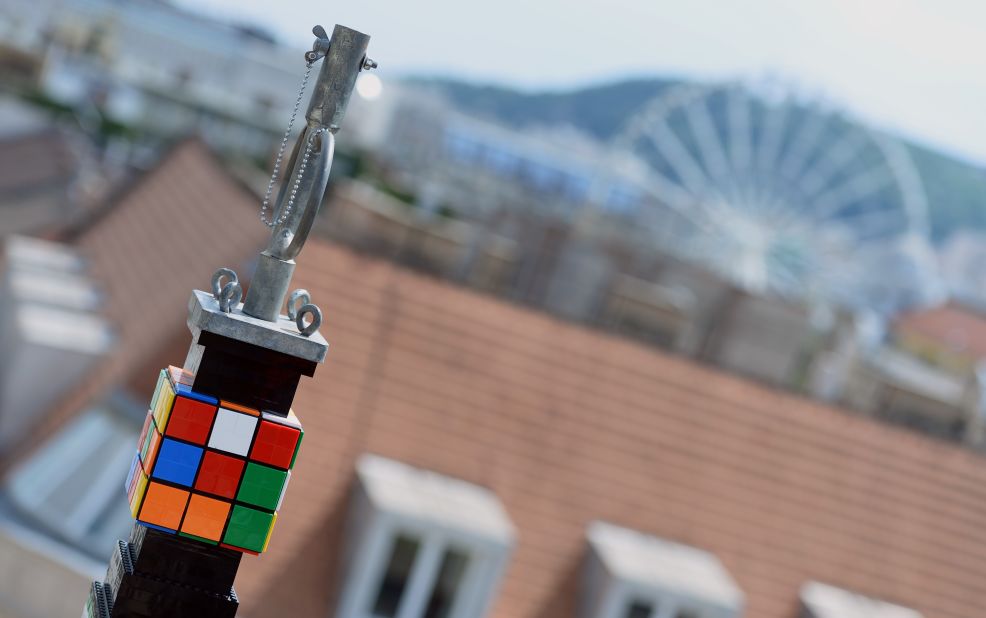The tower was crowned by a Rubik's cube -- a puzzle created 40 years ago by Hungarian inventor Erno Rubik.