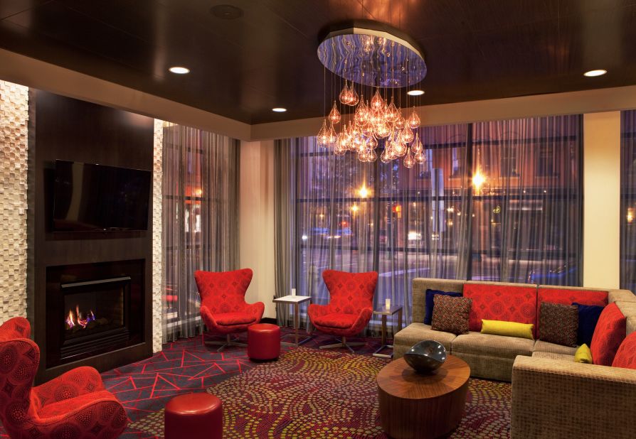 In Syracuse, New York, Marriott pairs up its Courtyard and Residence Inn brands again in a downtown location. Guests share a fitness center, indoor pool and meeting space, but the hotel has distinct lobby areas. The Residence Inn lobby is seen here.