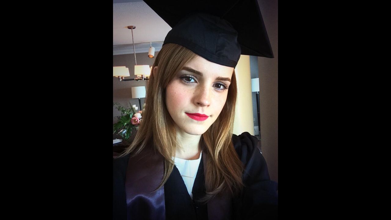 Actress Emma Watson <a href="https://twitter.com/EmWatson/status/470595940538404864/photo/1" target="_blank" target="_blank">tweeted this selfie</a> after graduating from Brown University on Sunday, May 25. The "Harry Potter" star received a degree in English literature.