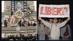 April 1989, Beijing, Hu Yaobang's death triggers student demonstrations, occupation of Tiananmen Square.