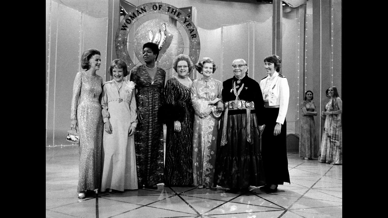 From left, actress Betty Furness, educator Bettye Caldwell, Angelou, singer Kate Smith, first lady Betty Ford, Dr. Annie D. Wauneka and former Olympic diver Micki King pose for a photo during the taping of the television special "Woman of the Year 1976" in New York City.