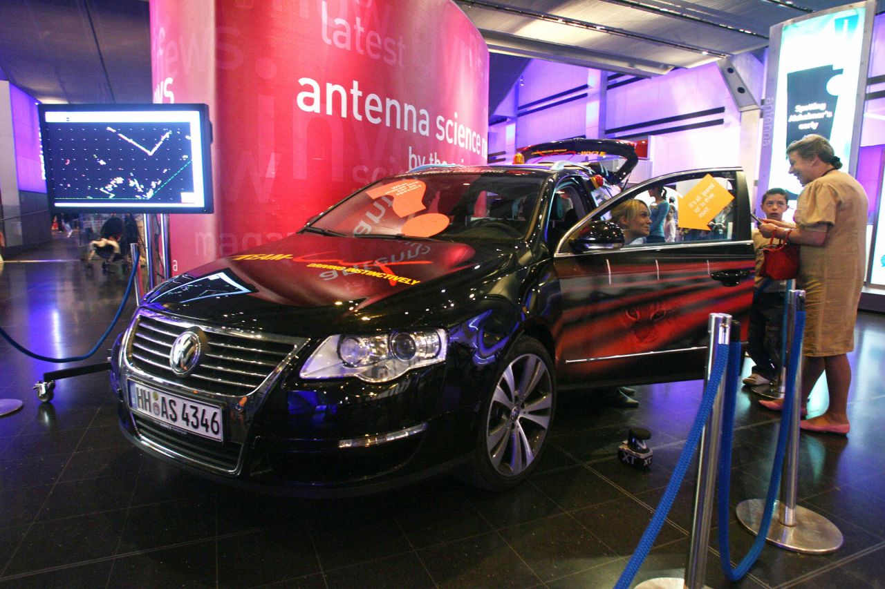 Another DARPA Urban Challenge driverless car, the Volkswagen Passat 2.0 TDI, is showcased at the Science Museum in London in 2007. The car is guided by a system of laser sensors and computers.