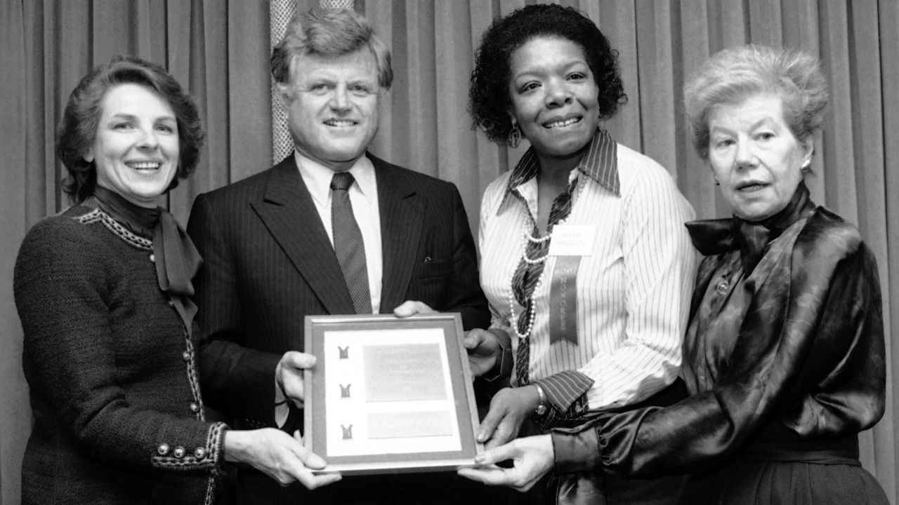 Angelou poses with U.S. Sen. Ted Kennedy and two other women who received the 1983 Matrix Award from the New York Chapter of Women in Communications. At the far left is Jane Bryant Quinn, contributing editor of Newsweek and Woman's Day. At the far right is Mary McGrory, syndicated columnist for The Washington Post.