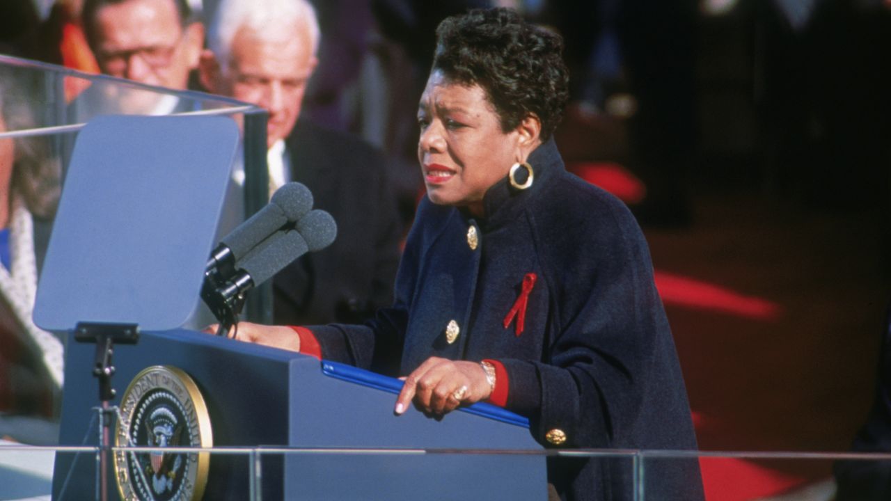 Angelou recites her poem "On the Pulse of Morning" at the inauguration of President Bill Clinton in 1993.