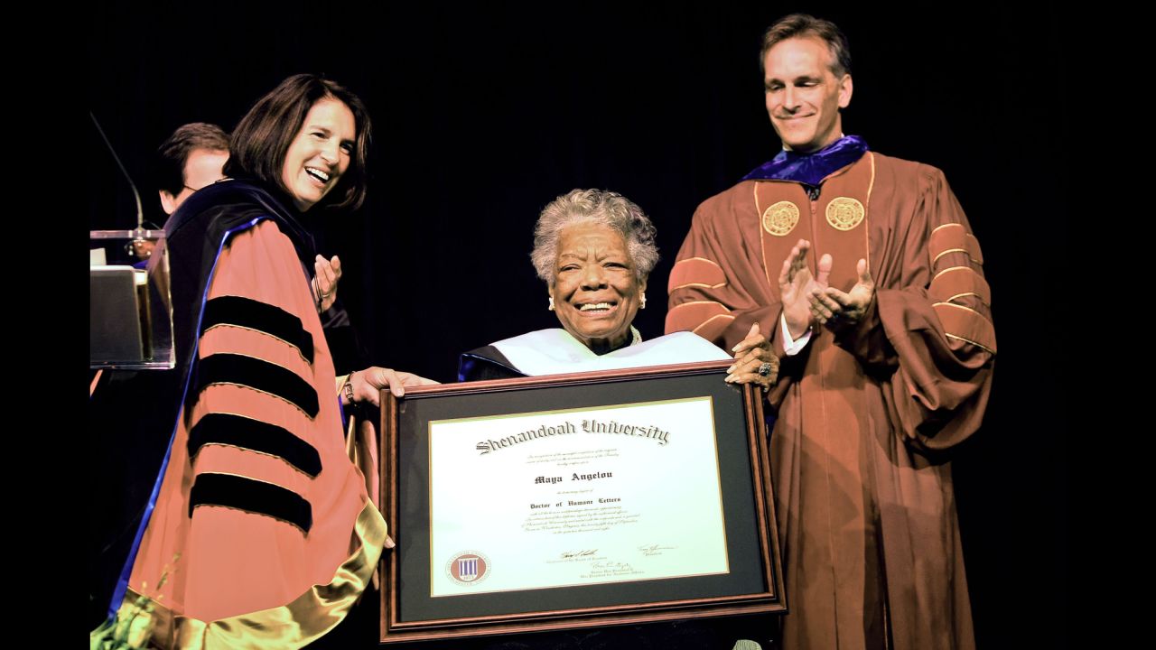 Angelou receives an honorary doctorate from Shenandoah University in Winchester, Virginia, in 2008. 
