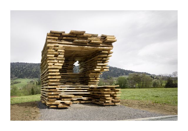 Around 300 local volunteers were involved in the project, with each international architect paired with a local partner. Debora Mesa and Anton Garcia-Abril of <a  target="_blank" target="_blank">Ensemble Studio</a>, who were behind this rustic looking bus stop, say that they were intrigued by the extravagant nature of the commission: "It's an experimental idea. We were curious to see the outcome and be part of it."