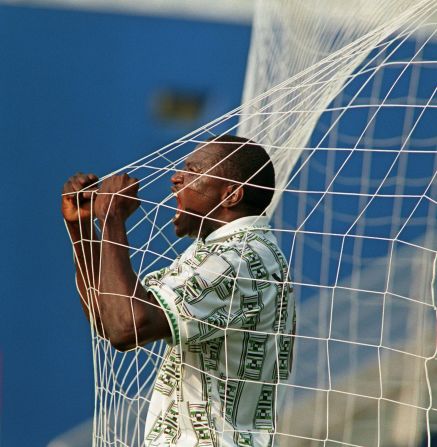 Nigeria reached the last 16 in 1994 at their debut World Cup. Rashidi Yekini celebrates after his side score their first goal of the campaign against Bulgaria.