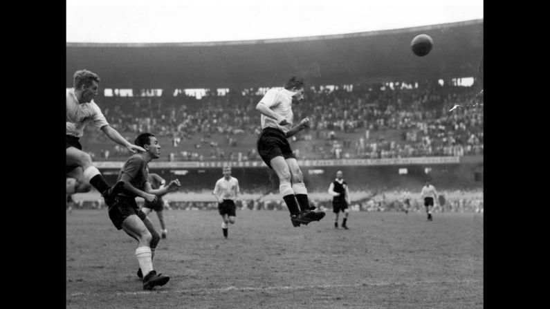 Stan Mortensen's header scores England's first goal in the country's 2-0 victory over Chile in Rio de Janeiro. It was England's first-ever World Cup match.