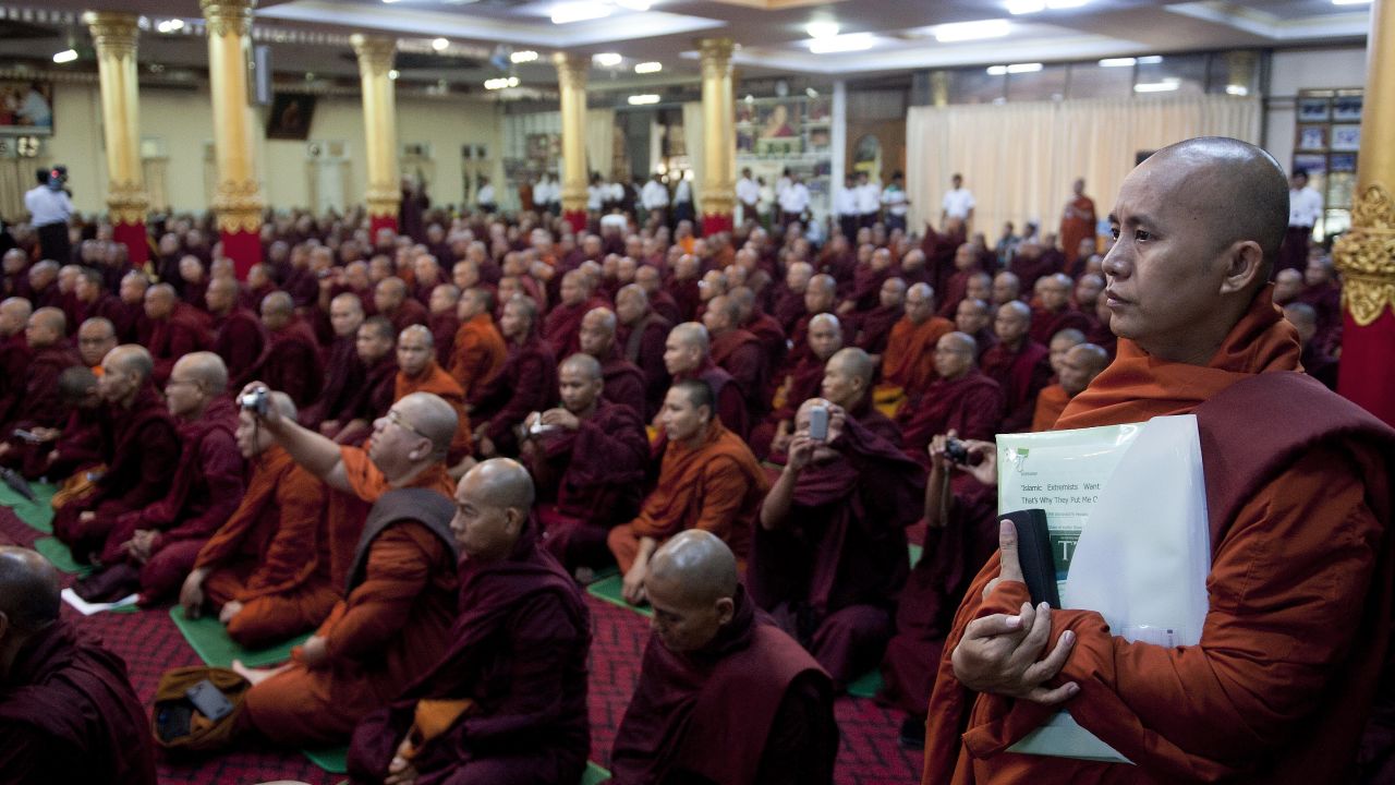 Buddhist monks attend a meeting at a Yangon monastery to discuss a law restricting interfaith marriage in June, 2013.