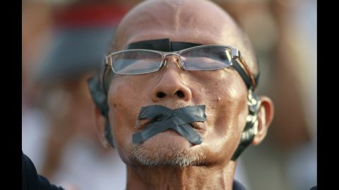 A man participates in an anti-coup demonstration in Bangkok on Wednesday, May 28.