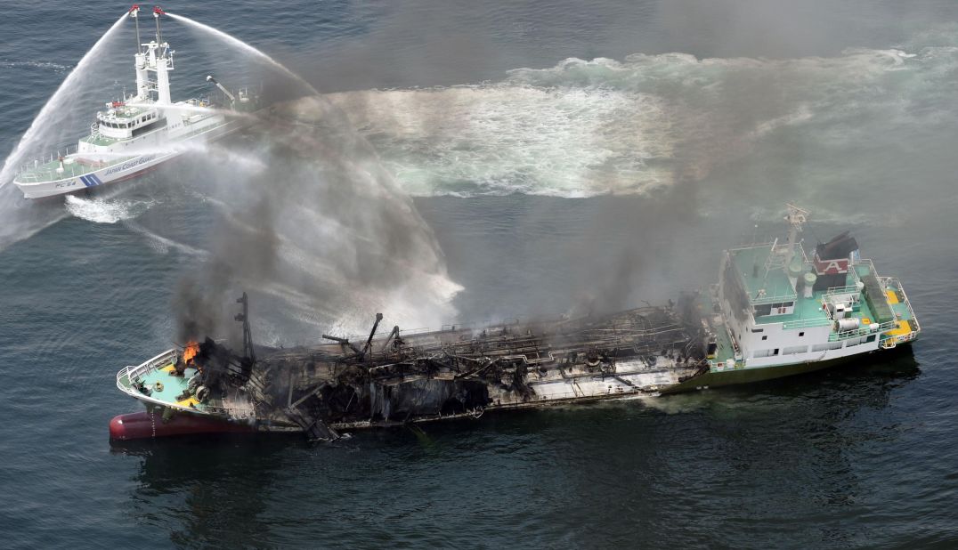 Japanese Coast Guard ships fight a fire after an Japanese oil tanker exploded.