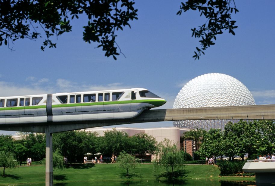 5. Disney's Epcot at Walt Disney World in Florida features the futuristic Spaceship Earth geosphere and monorail, shown here. 