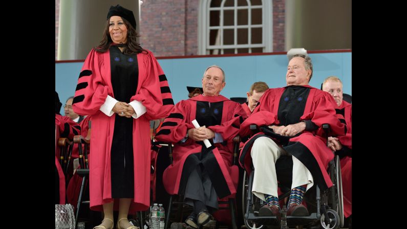 Michael Bloomberg, center, gave <a href="index.php?page=&url=http%3A%2F%2Fwww.cnn.com%2F2014%2F05%2F29%2Fus%2Fbloomberg-harvard-speech%2Findex.html">the commencement speech at Harvard University on May 29, 2014</a>. Bloomberg, Aretha Franklin, left, and George H.W. Bush, right, also received honorary degrees. "This spring, it has been disturbing to see a number of college commencement speakers withdraw -- or have their invitations rescinded -- after protests from students and -- to me, shockingly -- from senior faculty and administrators who should know better," the businessman and former mayor of New York City said during his speech.<br />