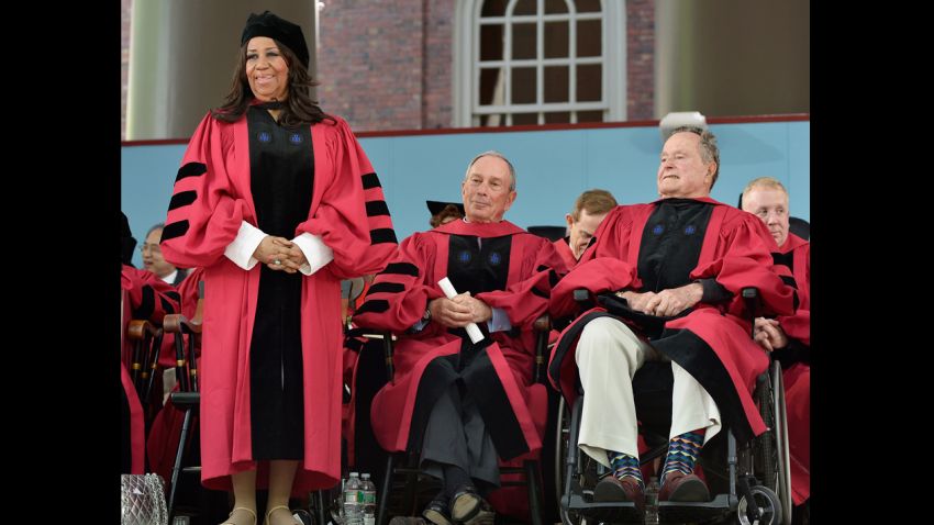 CAMBRIDGE, MA - MAY 29:  (L-R) Aretha Franklin, Michael Bloomberg and George H.W. Bush receive Honorary Degrees at the Harvard University 363rd Commencement Exercises Ceremony on May 29, 2014 in Cambridge, Massachusetts.  (Photo by Paul Marotta/Getty Images)