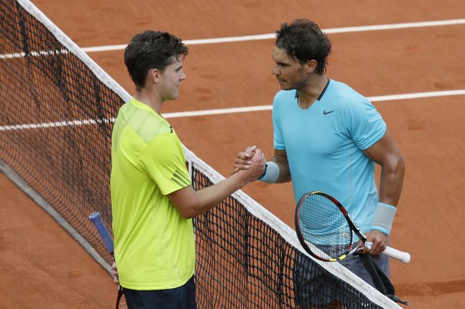 Nadal and 20-year-old Thiem shake hands after their second round match at the French Open on Philippe Chatrier.  