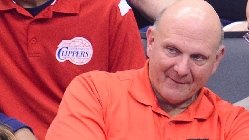 Caption:LOS ANGELES, CA - MAY 11: Steve Ballmer (L) and NBA Commissioner Adam SIlver attends an NBA playoff game between the Oklahoma City Thunder and the Los Angeles Clippers at Staples Center on May 11, 2014 in Los Angeles, California. (Photo by Noel Vasquez/GC Images)