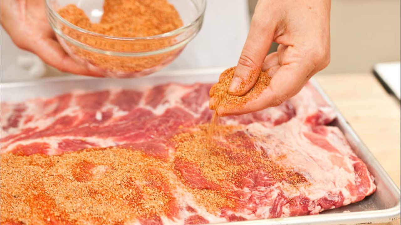 Because the meat layer is so thin, an overnight rub is unnecessary. Applying the rub (a blend of salt, brown sugar, paprika, and other spices) just before cooking infuses plenty of sweet-spicy flavor.