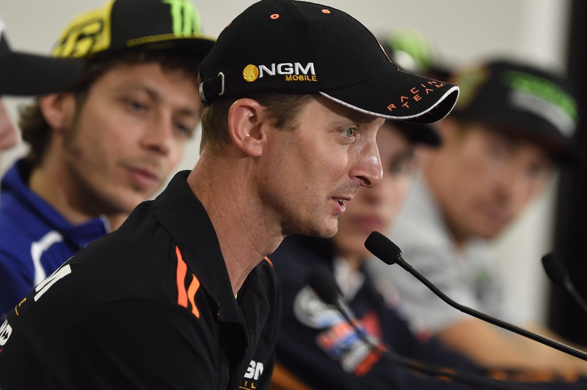 Colin Edwards takes press questions in Austin, Texas flanked by former team mate Valentino Rossi.