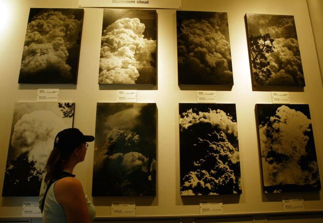 Numerous photographs of the mushroom cloud created when the atomic bomb was dropped are on display in the Hiroshima Peace Memorial Museum.