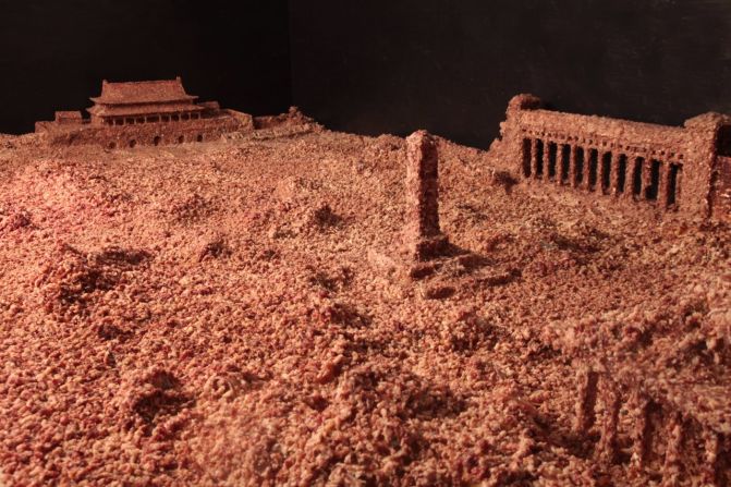 Artist Guo Jian's 2014 installation, "The Square", consists of a model of Beijing's Tiananmen Square covered in 160 kilograms of ground pork.